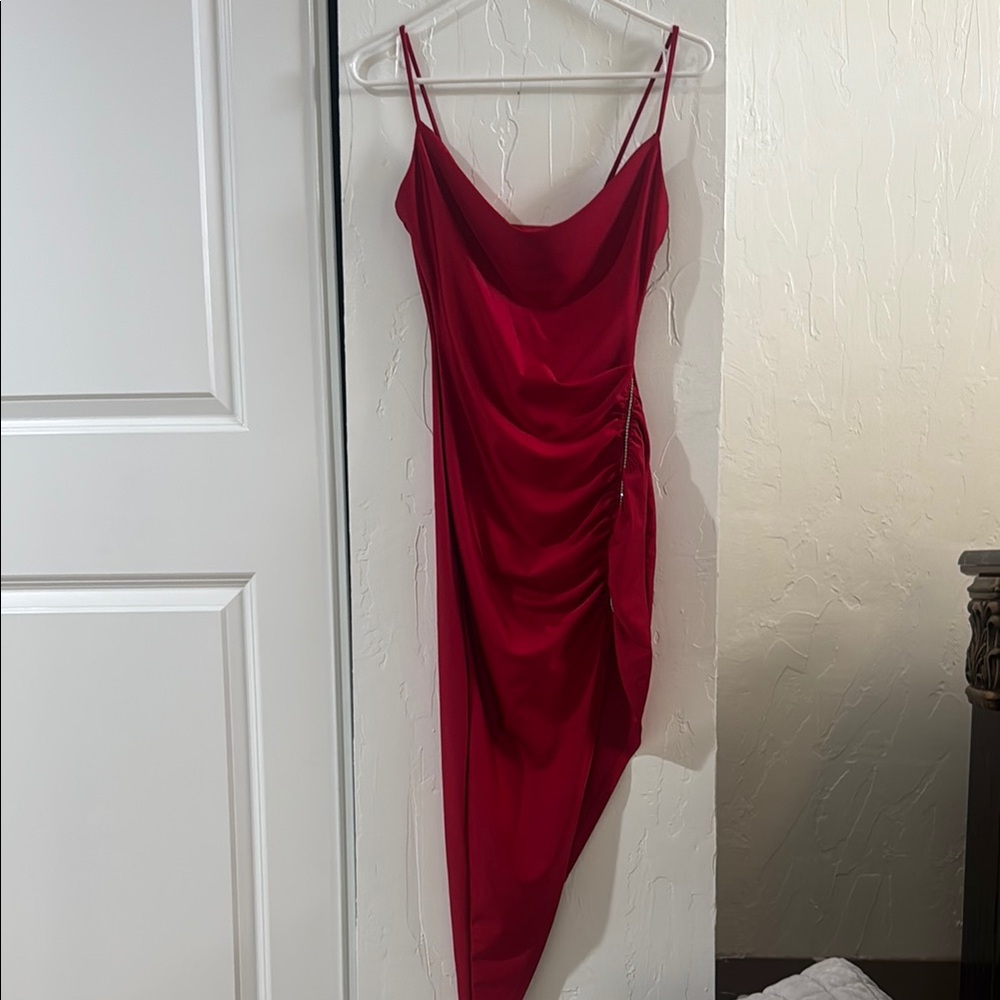 Asymmetrical Ruched Red Slip Dress for Cocktail Night Out